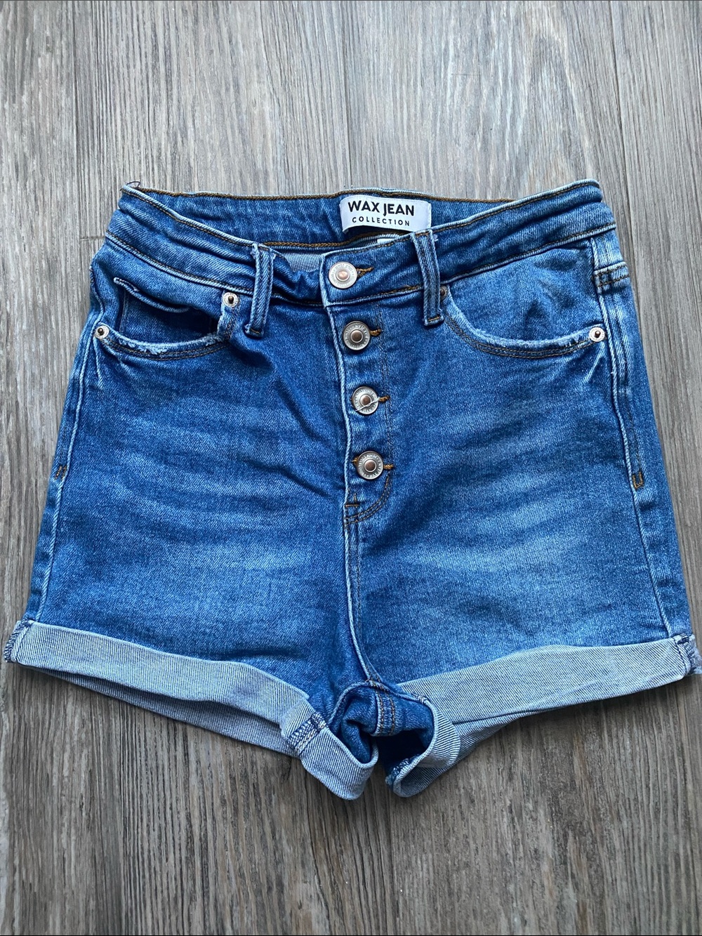Wax Jean Blue High-Rise MIDI Button-Up Denim Shorts
